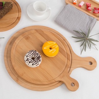 Khay pizza gỗ tre, khay tròn tay cầm decor trà, bánh sang trọng