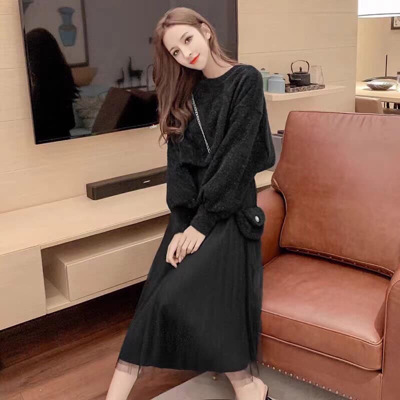 Set váy công chúa chân ren áo croptop kèm túi chéo