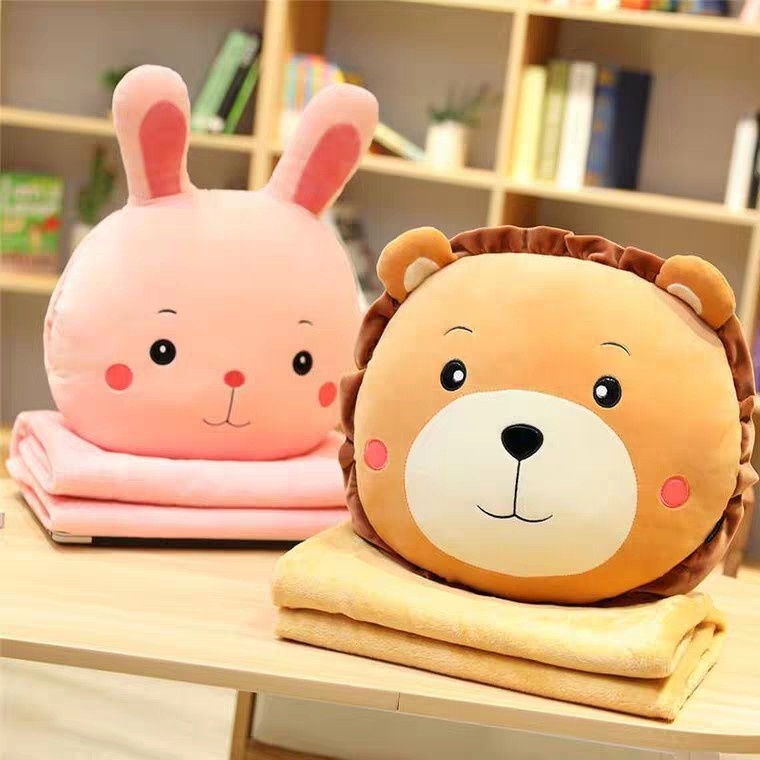 Chăn gối văn phòng hình thú ếch - khỉ - thỏ - sư tử ngộ ngĩnh, Bộ chăn gối văn phòng hình thú tròn siêu đáng yêu.