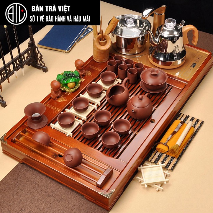 Bàn trà điện thông minh giá rẻ có đủ khay bàn, bếp pha trà, ấm chén gốm màu đỏ gạch - Mã V2502