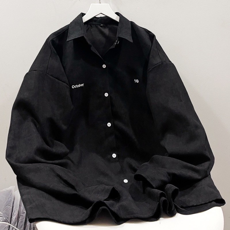 Áo sơ mi from rộng Boin Unisex thêu chứ yoyo 2 màu Đen/Trằng unisex cho nam/nữ _[Hình Thật]