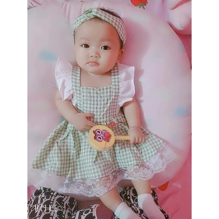 Váy em bé gái [ tặng kèm turban] -BABYSTORE88 - Đầm caro xanh cho bé hàng thiết kế  1 2 3 4 5 6 7 tuổi V2