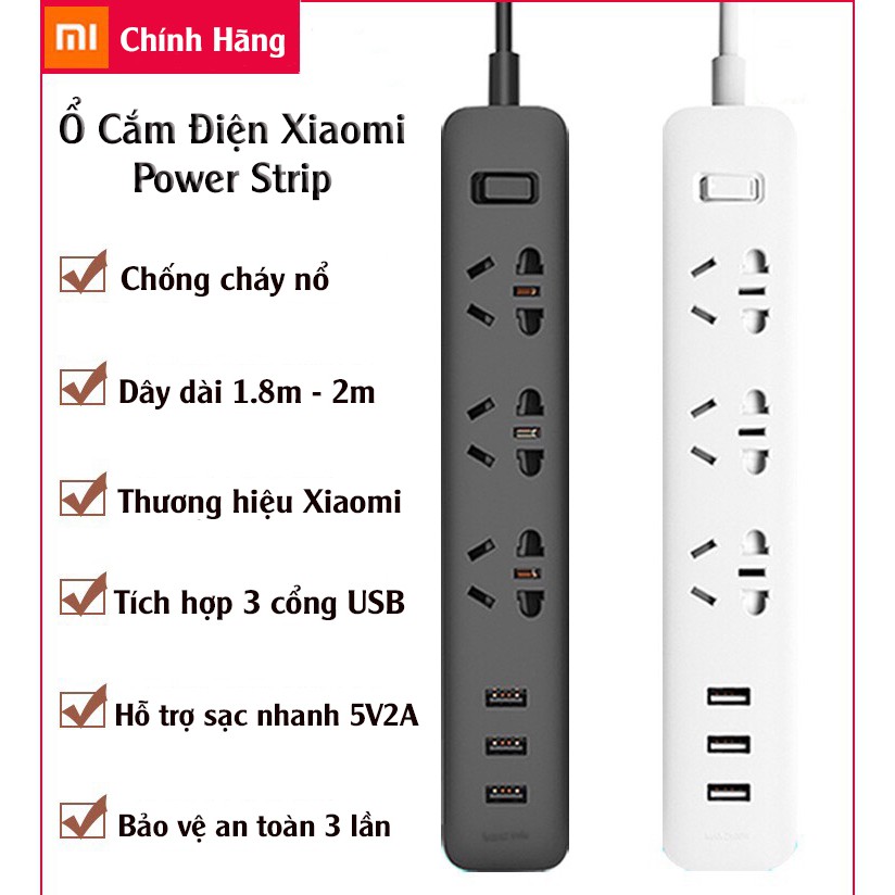 [ Chính Hãng ] Ổ Cắm Điện Xiaomi Mi Power Strip Tích Hợp 3 Cổng USB Sạc Nhanh 5V2A - Ổ Cắm Điện Gia Đình 220V - 2500W