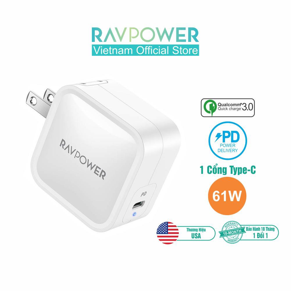 [Mã ELTECHZONE giảm 5% đơn 500K] Adapter Sạc RAVPower RP-PC112 61W Công Nghệ GaN 61W PD3.0 Cổng Type C Đầu AC Gập:Black