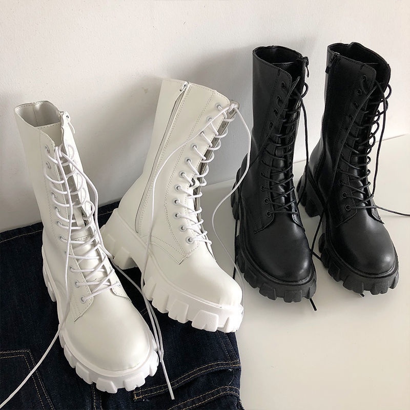 Giày Boot Cao Cổ Ulzzang 15cm buộc dây khóa kéo đế cao 5.5cm Chất Liệu Da BU01-ZOEE