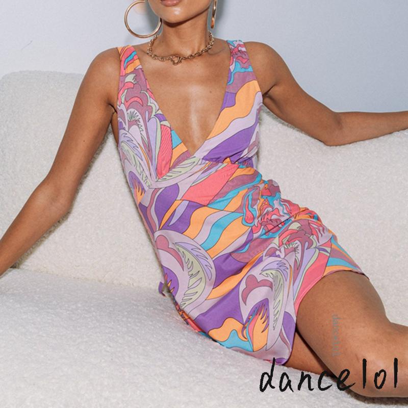 Đầm không tay Cổ Chữ V Buộc Dây In Họa Tiết Trừu Tượng Nhảy Múa 1O