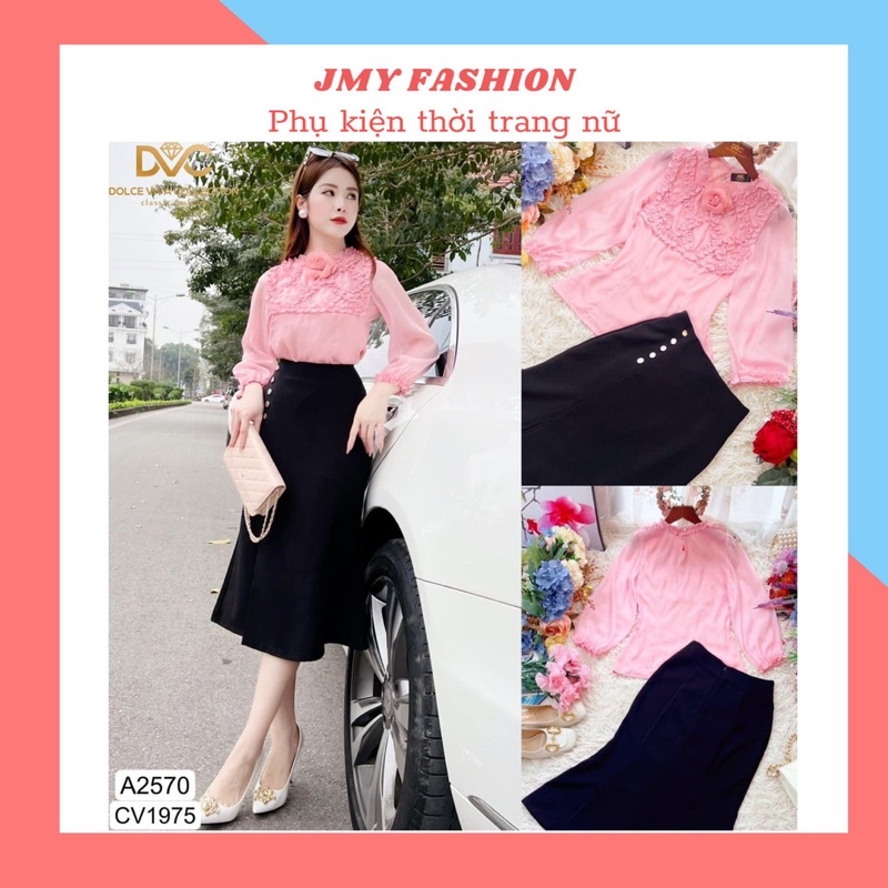 A2570, Cv1975 Set áo sơ mi hồng voan tơ tay dài, chân váy body ôm đuôi cá -  Dolce viva colection