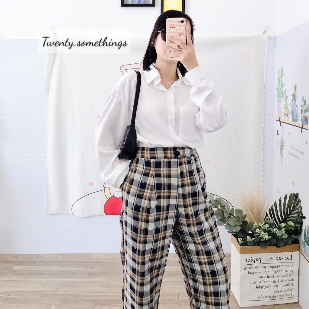 SET 3 MÓN BLAZER + SƠ MI TRẮNG + QUẦN ỐNG SUÔNG KẺ CARO (ảnh thật 100%/sẵn/video)