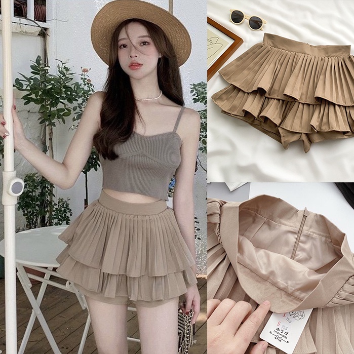 Chân Váy Xếp Ly Ngắn 2 Tầng Màu Nude Loại 2 Siêu Hót Freeship, Chân Váy Tầng Ngắn Xếp Ly Xòe QC Siêu