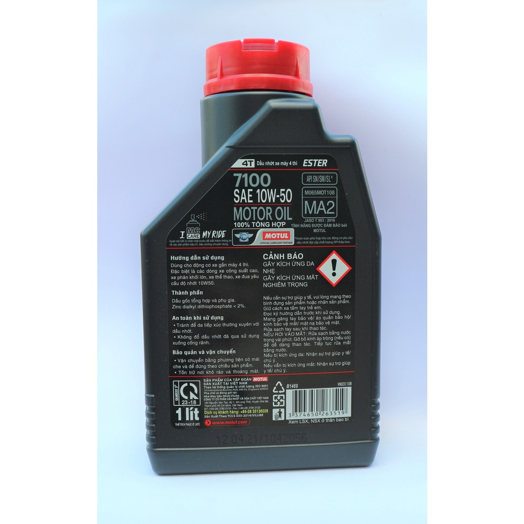 Motul 7100 10w50 1L 100% tổng hợp SN MA2 tem mới