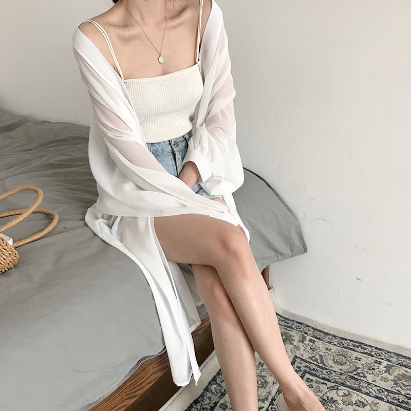 Áo sơ mi chiffon RENJIANVSHENG 153417 mỏng dáng rộng màu trắng dài tay thời trang sành điệu