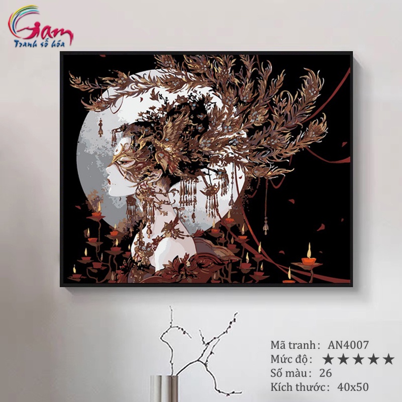 Tranh sơn dầu số hóa tự tô màu theo số Gam Cô Gái Phượng Hoàng Dưới Trăng căng khung 40x50cm AN4007