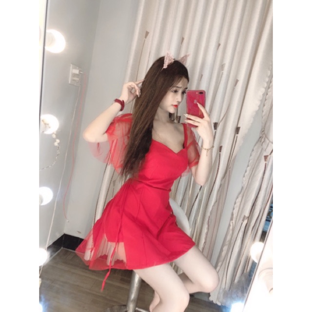 Đầm xòe phối lưới kèm quần chất sịn -hàng cao cấp