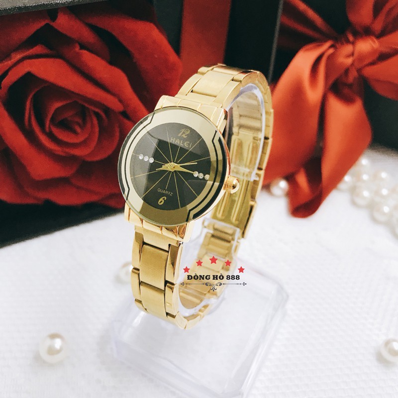 Đồng Hồ Nam Nữ HALEI  Dây Mạ Vàng Cao Cấp HL457 Mặt Đen