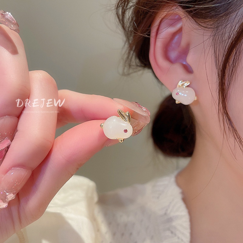 Bông Tai Mạ Bạc Hình Thỏ Đính Đá Ngọc Bích Dễ Phối Đồ Thời Trang