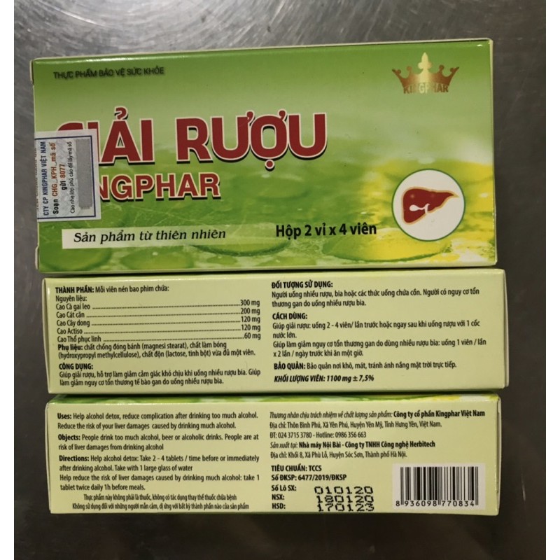 GIẢI RƯỢU Kingphar- Hộp 8 viên -  giúp giải rượu, giảm nguy cơ tổn thương tế bào gan