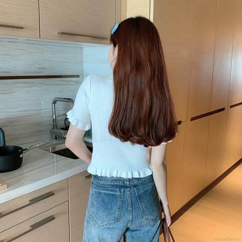 [Baywellfashion]Korean Style Sexy Knit Short V-neck Solid Color Stringy Selvedge Simple Casual Comfortable Women's Tops | BigBuy360 - bigbuy360.vn