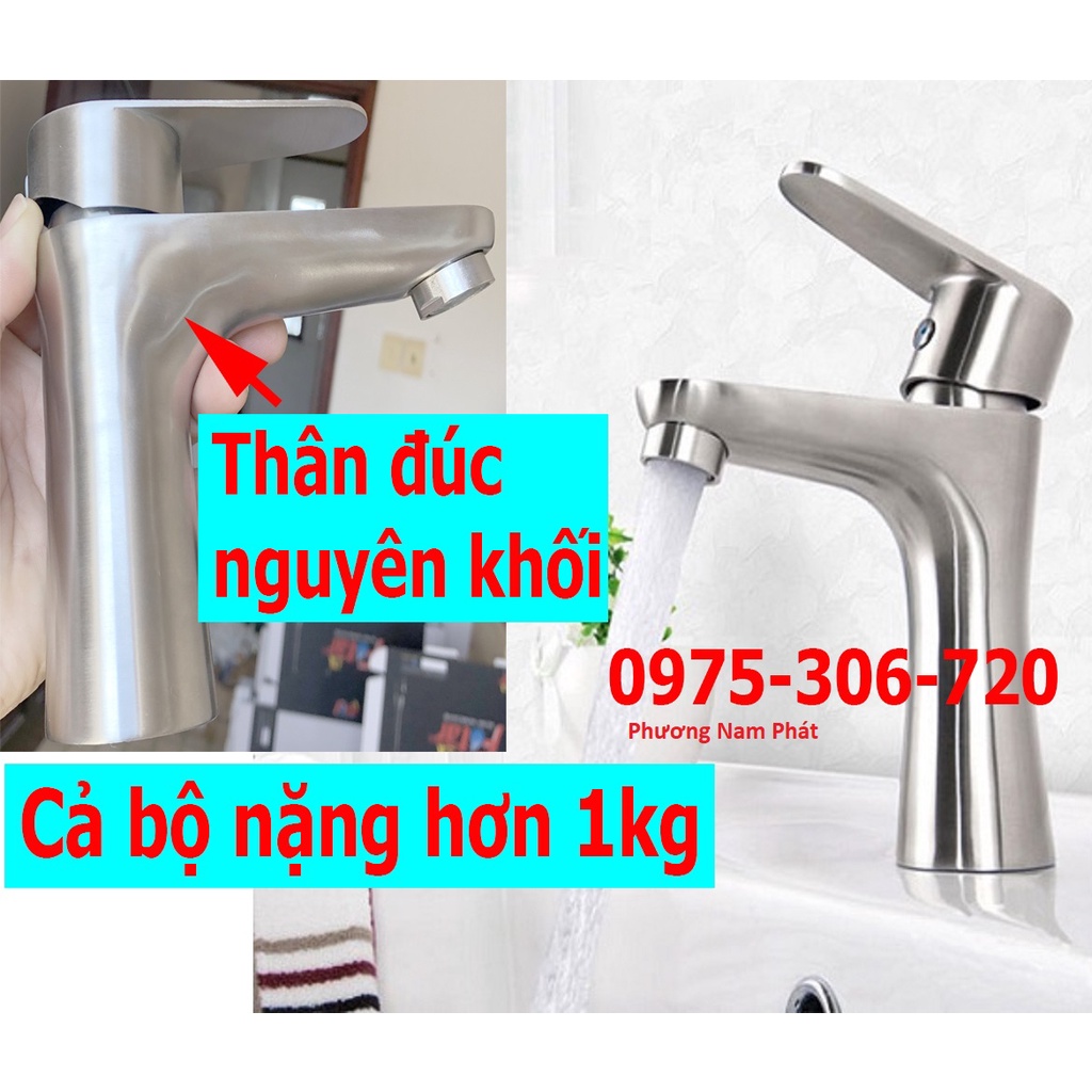 [THÂN ĐÚC NGUYÊN KHỐI INOX 304] Vòi Rửa Mặt Lavabo Nóng Lạnh INOX 304 N3002 Fotar và 2 dây LA EO 20CM