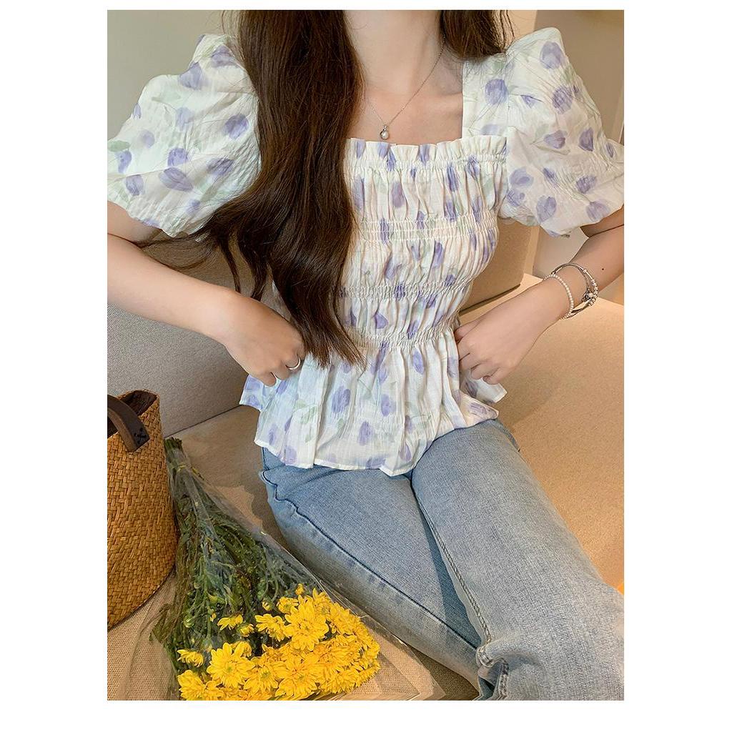 Áo Voan Hoa Cổ Vuông Ngắn Tay Thời Trang Sành Điệu 63977