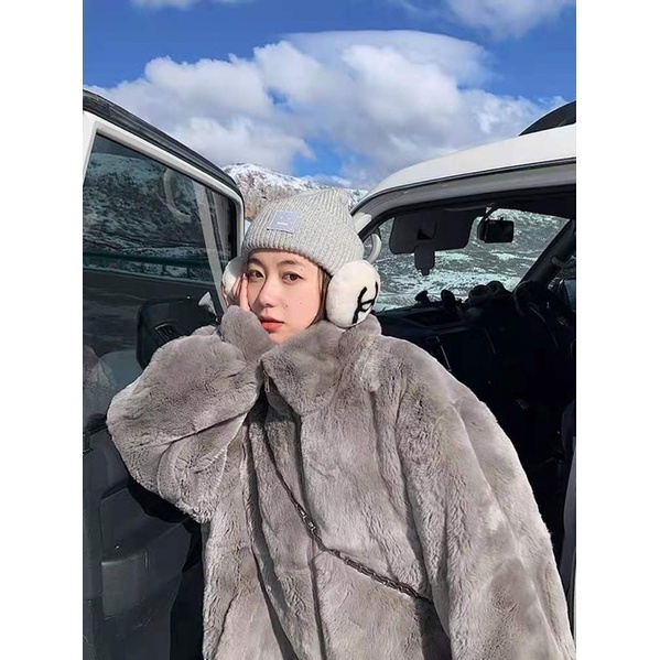 Áo khoác lông thỏ form dài rộng siêu siêu mềm mịn siêu siêu ấm áp màu xám lông chuột phong cách Korea's Style
