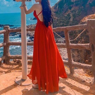 Đầm maxi đỏ cổ yếm đan dây