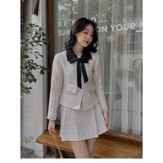 Set áo dạ tweed kèm chân váy buộc nơ LYRA, chất dạ tweed gẩy sợi phối charm phối nơ xinh xắn-VSYSE0029