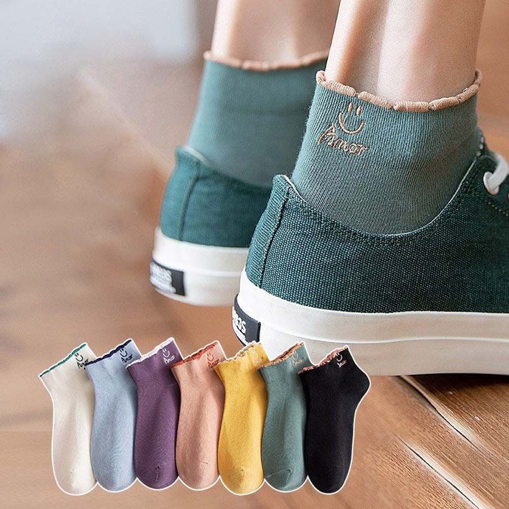 Set 7 đôi vớ thể thao cổ thấp thoáng khí họa tiết mặt cười hoạt hình nhiều màu sắc phong cách Hàn Quốc cho nữ