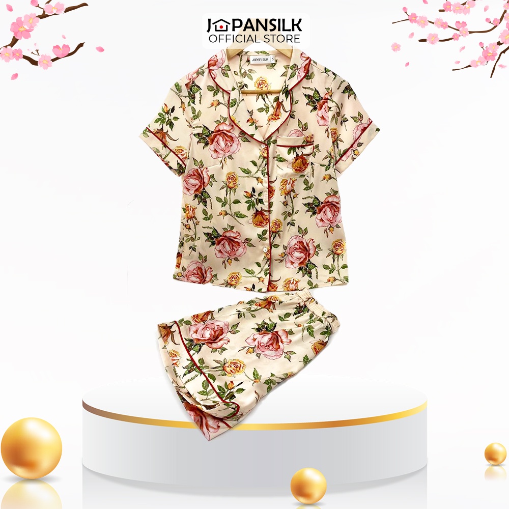 Pijama Lụa Nhật Cao Cấp JAPAN SILK Tay Ngắn Quần Cộc Họa Tiết Đóa Hoa BC064