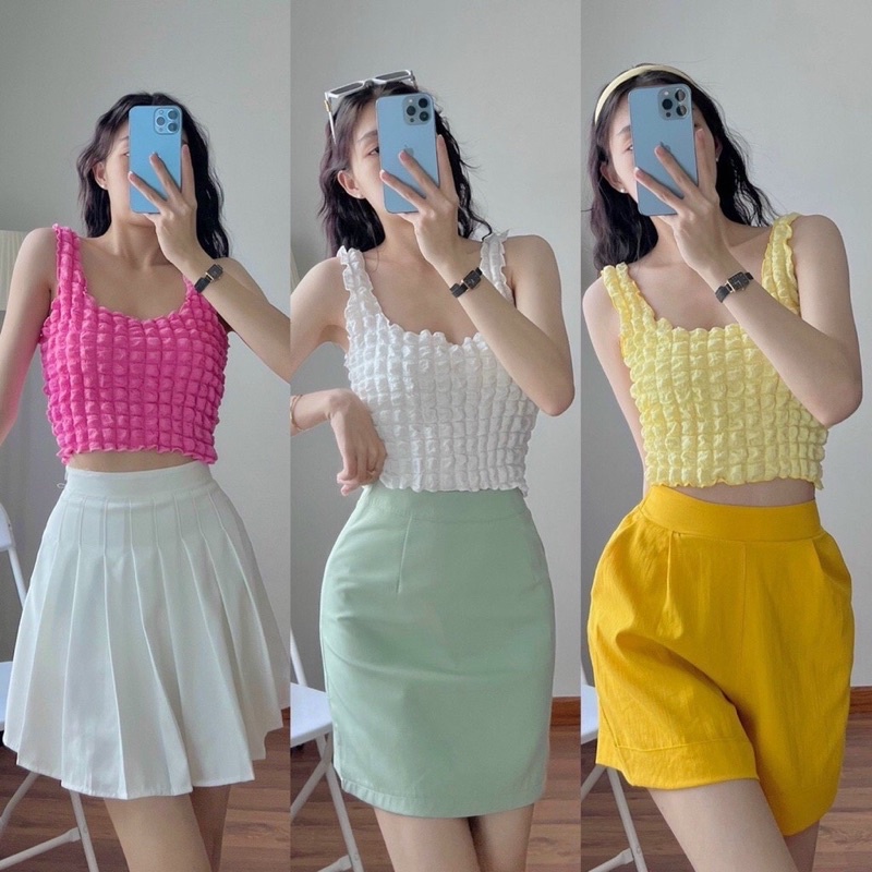 Áo Croptop Hai Dây Ba Lỗ Thun Xốp Ô Vuông Co Giãn Mềm Mại Nhiều Màu Sắc Trendy Cho Mùa Hè