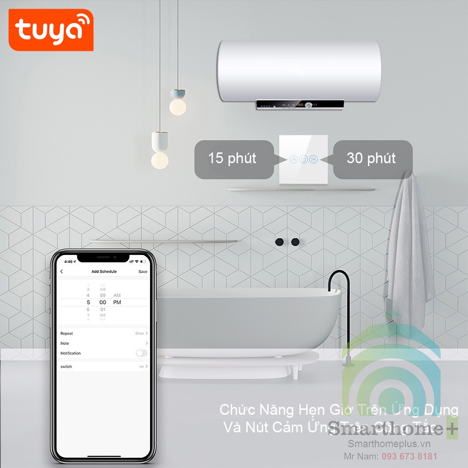 Công Tắc Wifi Bình Nóng Lạnh 20A Hẹn Giờ Tắt Hình Vuông Tuya FW3-EU