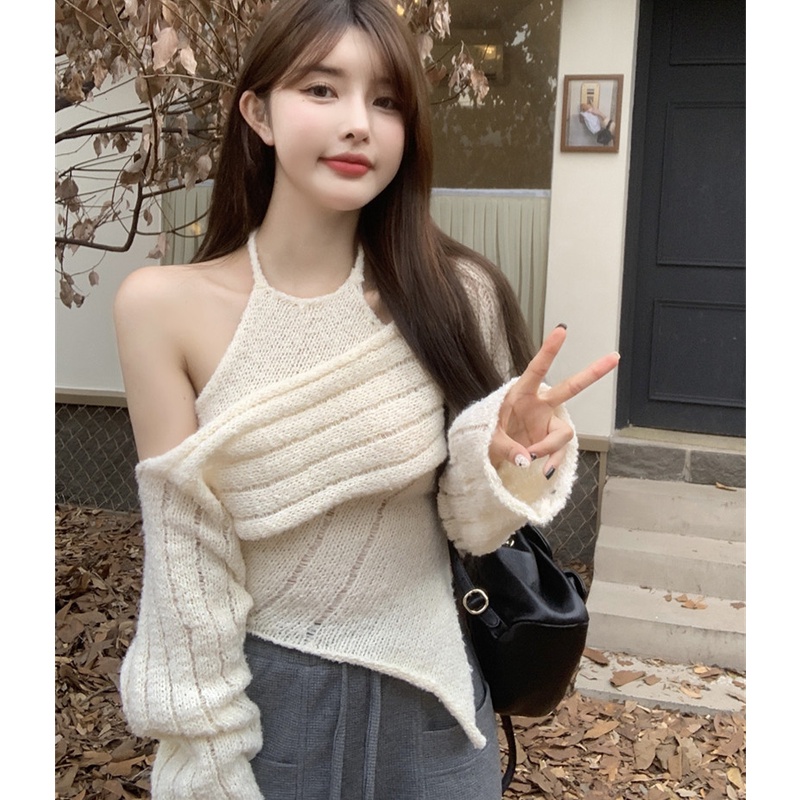 Áo Dệt Kim Nữ Tay Dài Khoét Vai Gợi Cảm