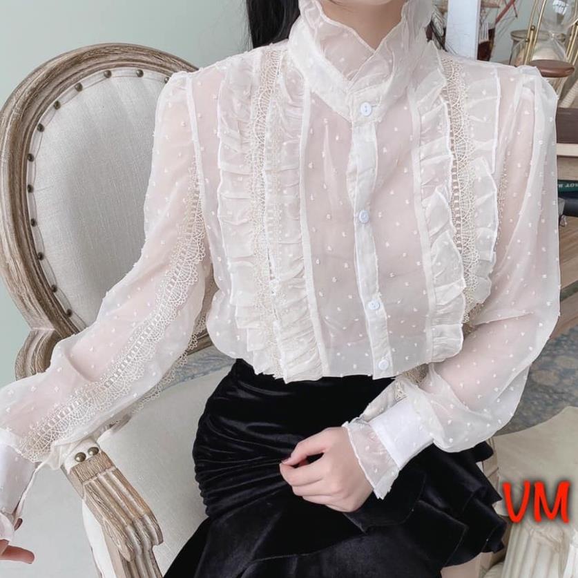 Áo sơ mi bánh bèo tiểu thư pha ren cổ trụ