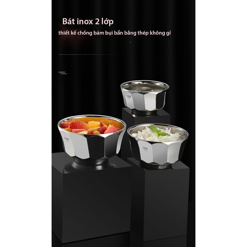 Bát inox, bát ăn inox 304 hai lớp cách nhiệt , cứng, bền, cách nhiệt, thiết kế kim cương GDAY - LOKING
