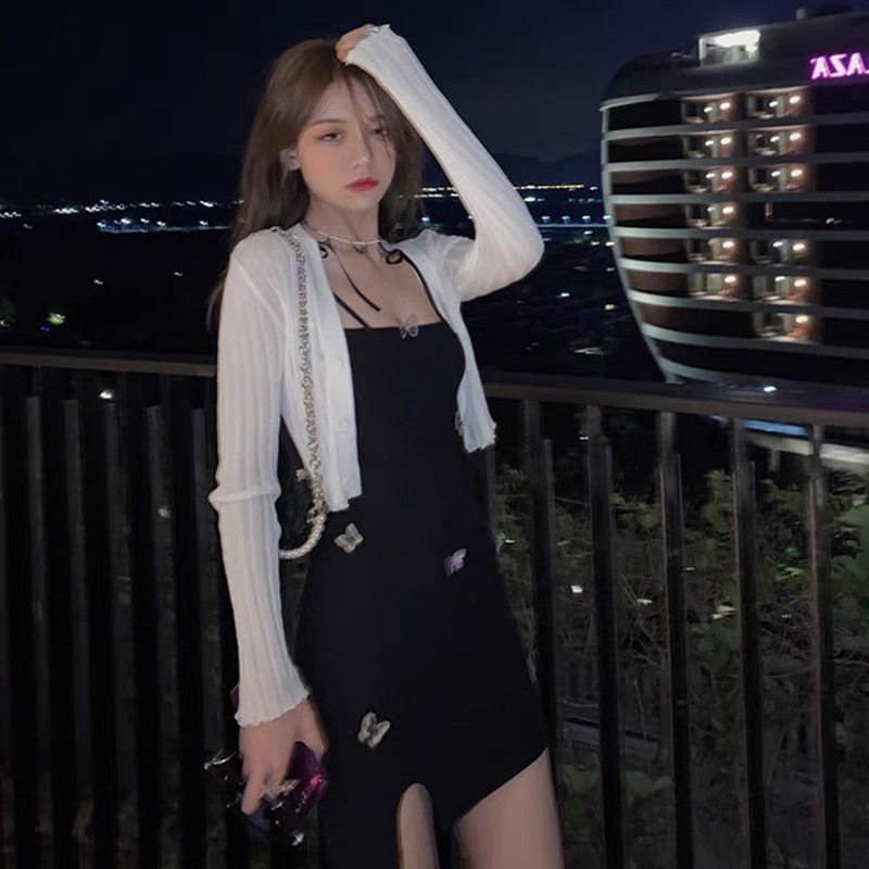 Influencer Bán Chạy Áo Khoác Cardigan Dệt Kim Mỏng Màu Trắng Chống Nắng Eo Cao Thời Trang Mùa Hè Dành Cho Bạn Nữ