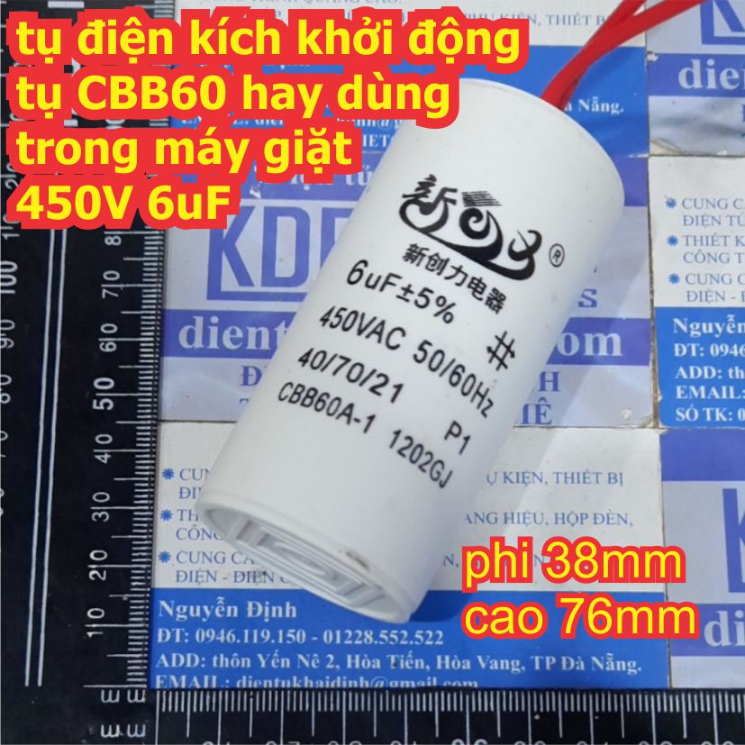 tụ điện kích khởi động tụ CBB60 hay dùng trong máy giặt 450V 6uF kde8173