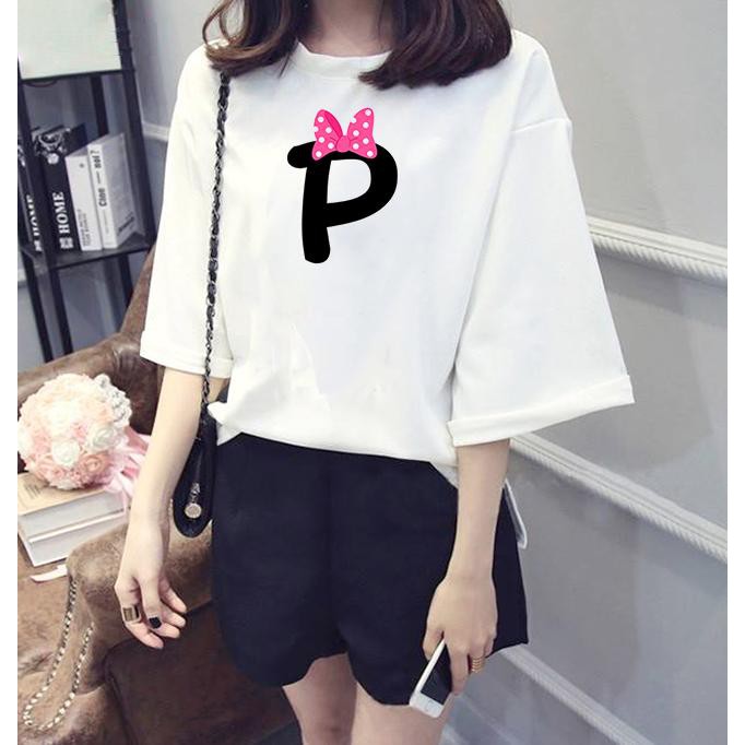 Áo thun nữ tay lỡ form rộng chữ P đeo nơ vải dày mịn TEEWOC16