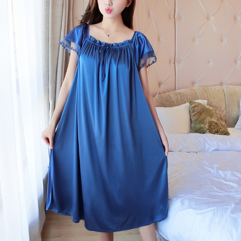 Đầm Ngủ Lụa Lạnh Tay Ngắn Dáng Rộng Phối Ren Plus Size XL Dành Cho Nữ