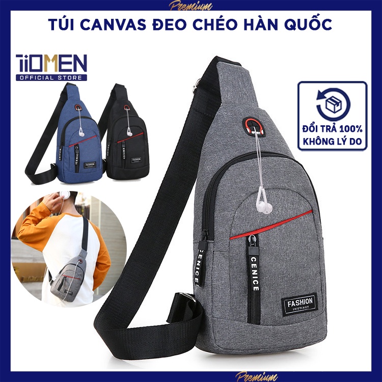 Túi vải canvas đeo chéo nam mini, túi đeo chéo nam có lỗ tai nghe tiện lợi cách Hàn Quốc | BigBuy360 - bigbuy360.vn
