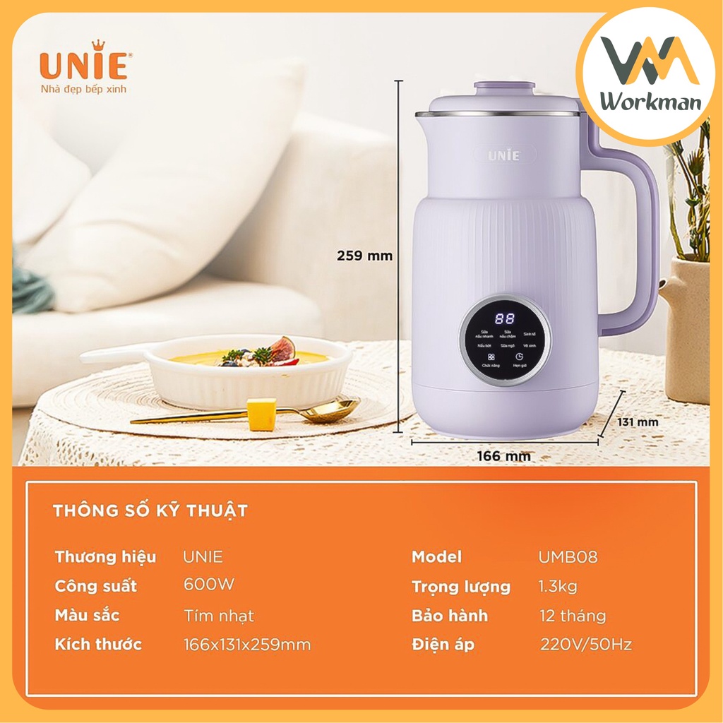Máy Làm Sữa Hạt Mini Unie UMB08 600ml, Công Suất 600W, 5 Chức Năng Xay Nấu Đa Năng
