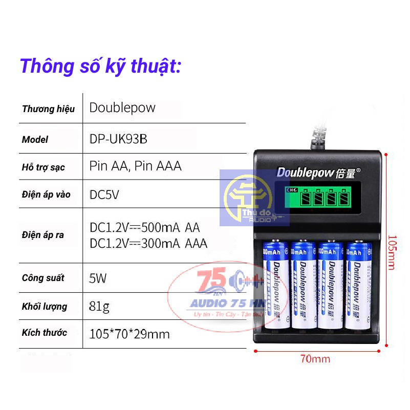 Bộ Sạc Pin AA, AAA UK93B Doublepow tự ngắt khi đầy pin