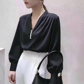 Áo sơ mi lụa cổ v đính ngọc dài tay công sở