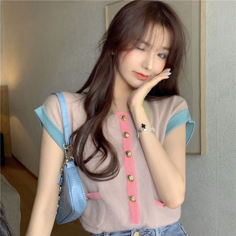 Áo croptop IELGY len mỏng dáng rộng cổ polo phối màu tương phản cho nữ