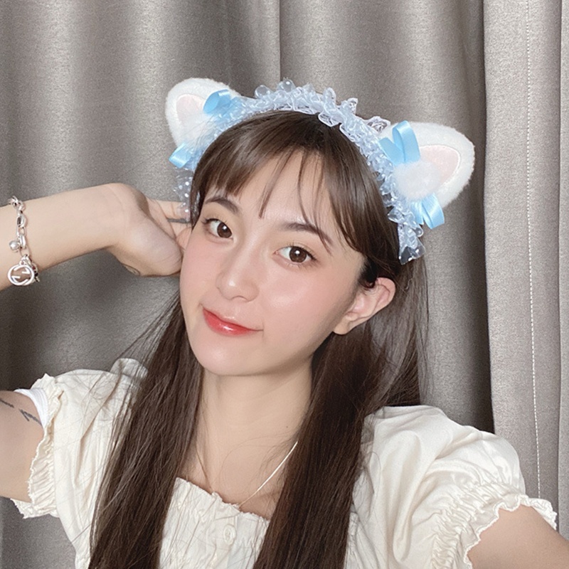 Băng Đô Nơ Tai Mèo Bông Chấm Bi Phong Cách Lolita Hàn Quốc Ngọt Ngào Hóa Trang