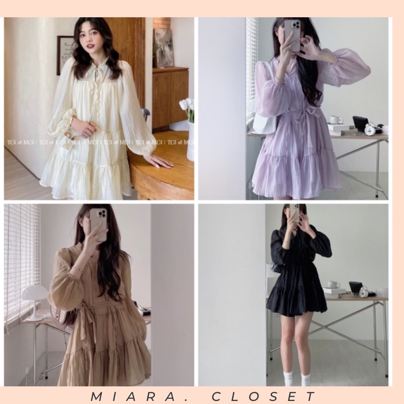 Váy Babydoll vải tơ 2lớp , đầm xinh basic dài tay kèm dây thắt eo