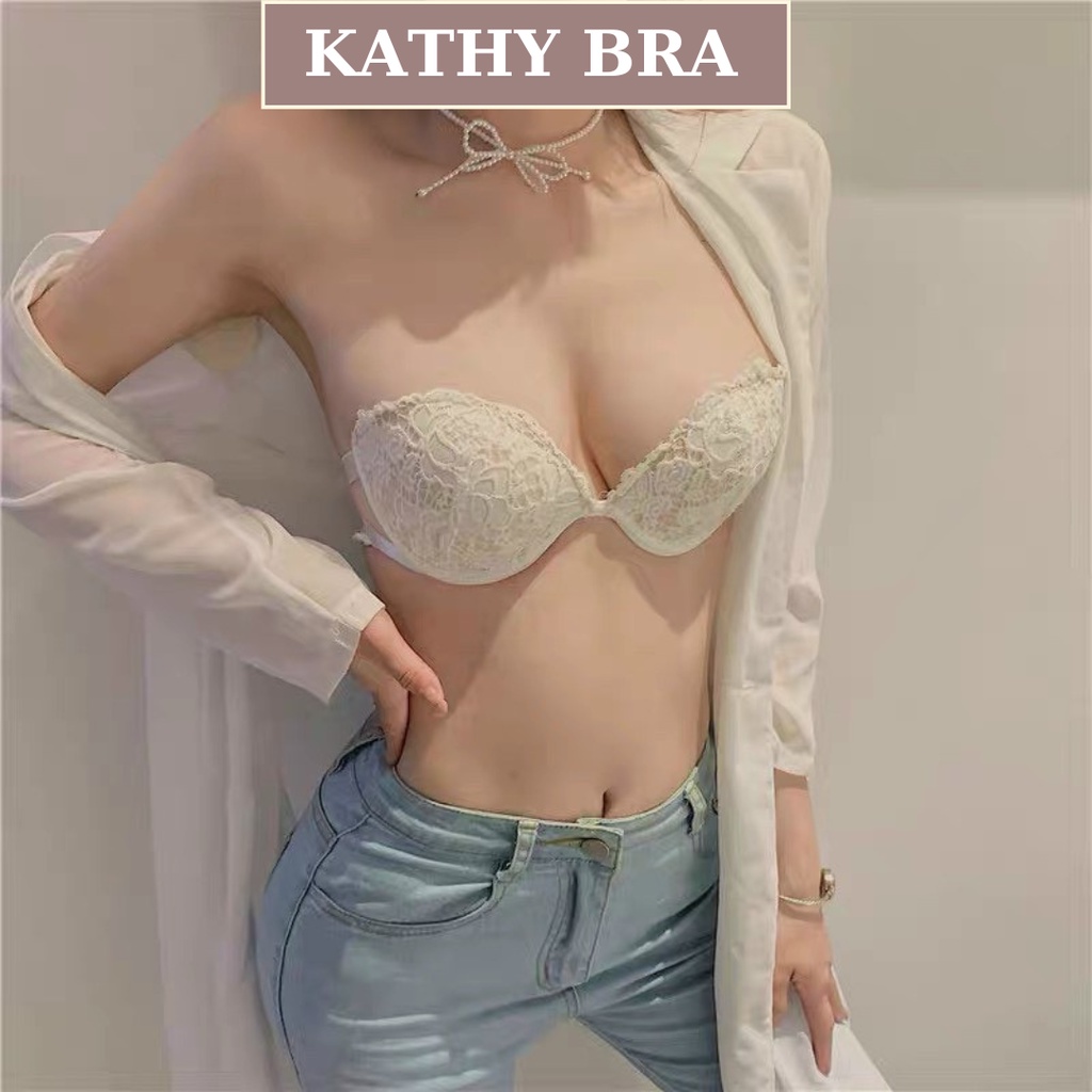 A25 [TẶNG KÈM DÂY] Áo Ngực Nữ Ren KATHY BRA Cúp Tim Nâng Ngực Chống Tụt Đệm Vừa Không Dây Hàng Quảng Châu