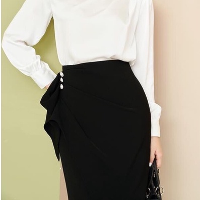 Chân váy bút chì dài công sở cạp cao vạt cúc ngọc Homieyl cao cấp, chân váy lưng cao dài qua gối màu đen chất vải đẹp | BigBuy360 - bigbuy360.vn
