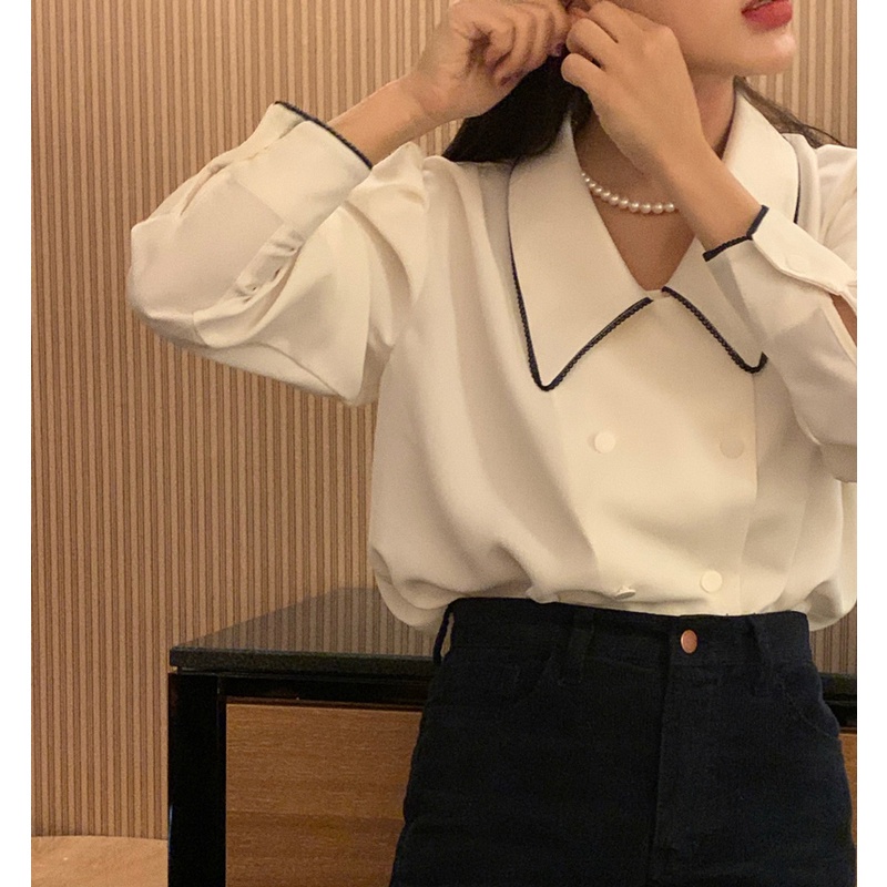 SUXI Áo sơ mi nữ tay dài phồng cổ chữ V phong cách vintage Hàn Quốc thanh lịch