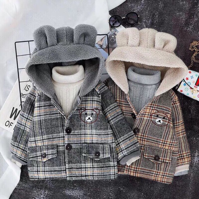 Áo khoác gấu dạ kẻ mũ lông cừu | BigBuy360 - bigbuy360.vn