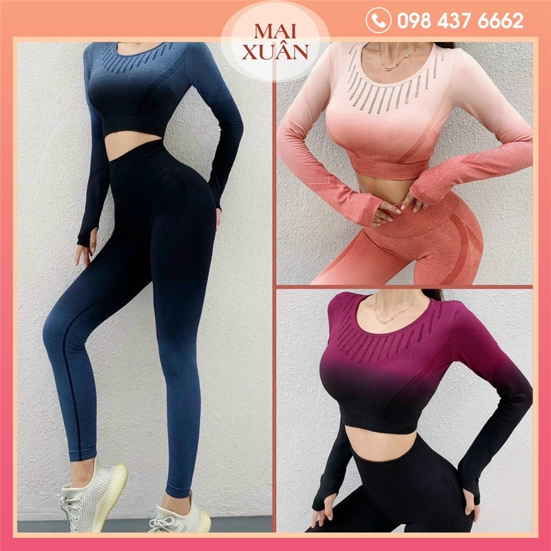 ↂ❈▥Set Bộ Đồ Tập Gym Yoga Tay Dài Loang Màu, Quần Áo Thể Thao Nữ Ombre Cao Cấp-Kho Sỉ Mai Xuân