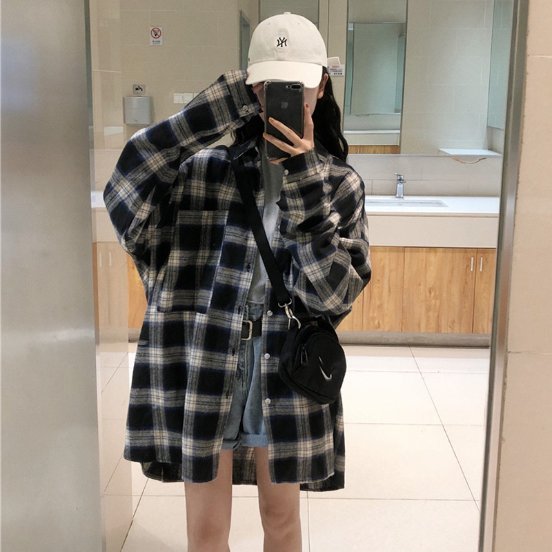 Áo sơ mi nữ kẻ sọc caro form rộng kiểu hàn 2021, áo sơ mi nữ tay dài chất xịn Thời trang Ulzzang Unisex Quảng Châu